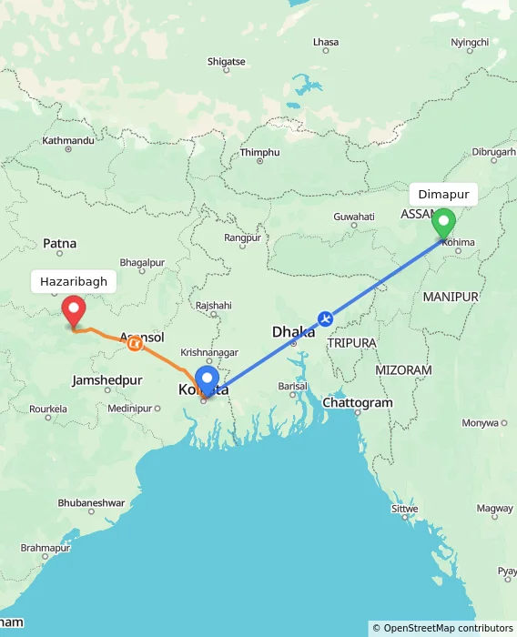 Route map showing distance and travel time from Dimapur, India to Hazaribagh, India