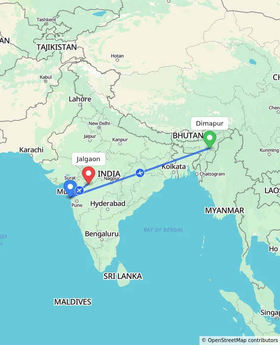 Route map showing distance and travel time from Dimapur, India to Jalgaon, India
