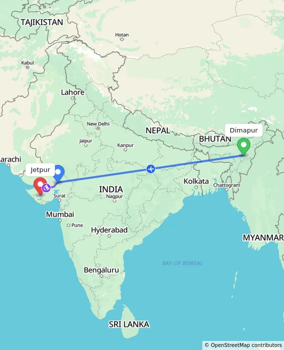 Route map showing distance and travel time from Dimapur, India to Jetpur, India