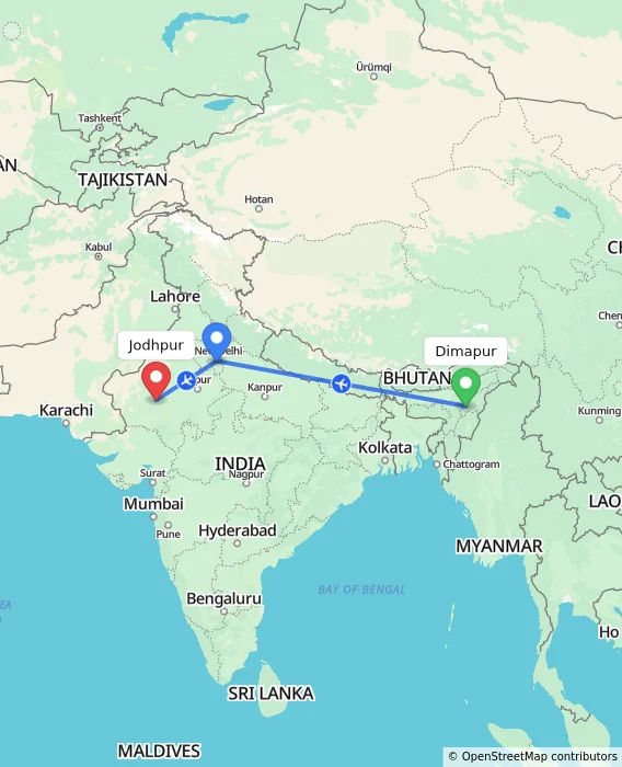 Route map showing distance and travel time from Dimapur, India to Jodhpur, India