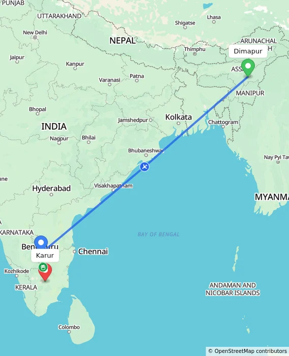 Route map showing distance and travel time from Dimapur, India to Karur, India