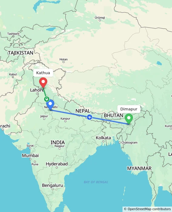 Route map showing distance and travel time from Dimapur, India to Kathua, India