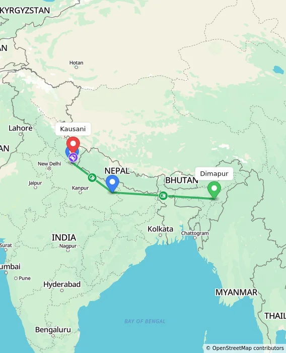 Route map showing distance and travel time from Dimapur, India to Kausani, India