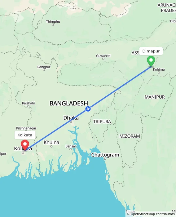 Route map showing distance and travel time from Dimapur, India to Kolkata, India