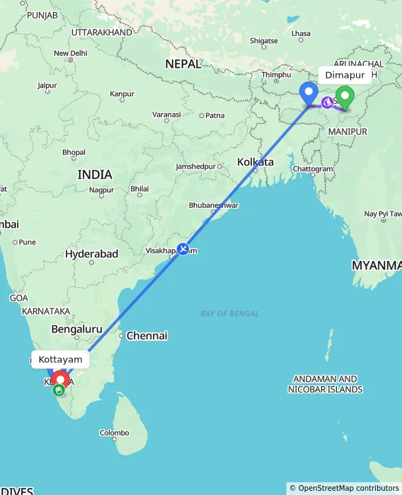Route map showing distance and travel time from Dimapur, India to Kottayam, India