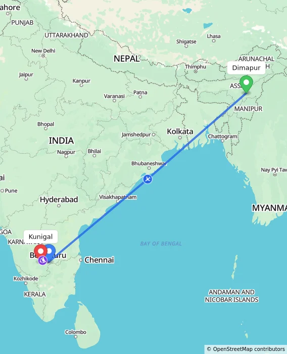Route map showing distance and travel time from Dimapur, India to Kunigal, India