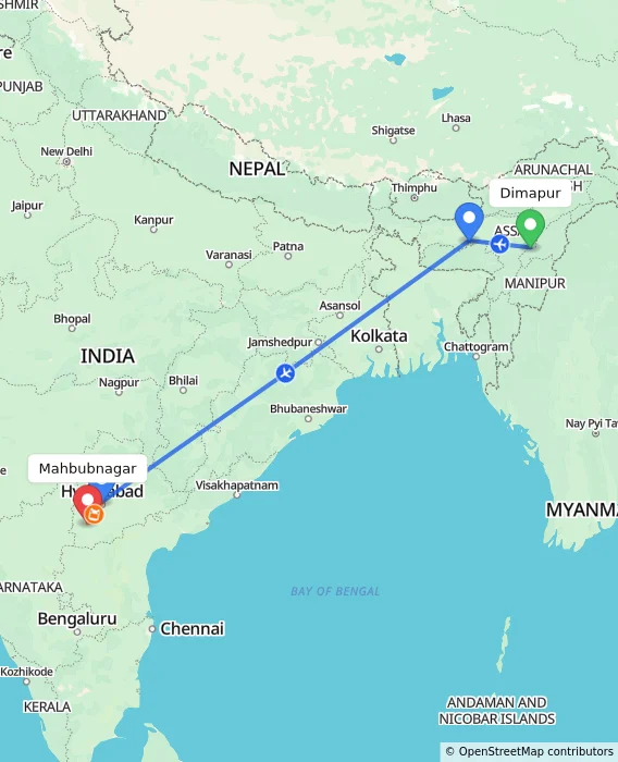 Route map showing distance and travel time from Dimapur, India to Mahbubnagar, India