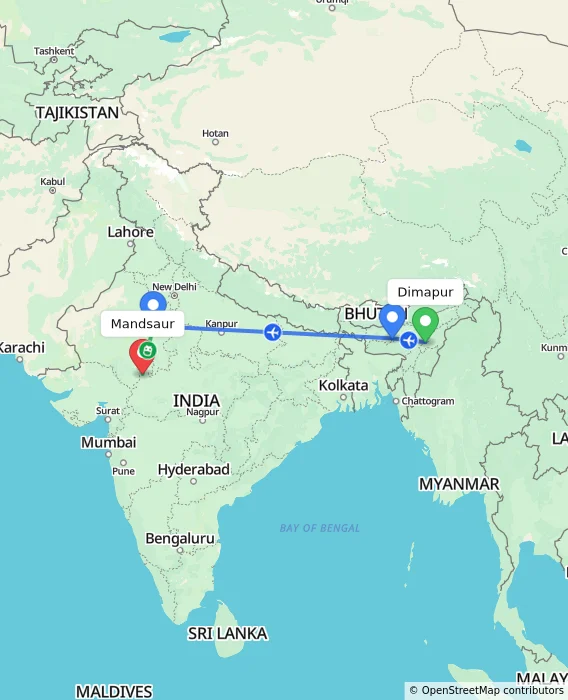 Route map showing distance and travel time from Dimapur, India to Mandsaur, India