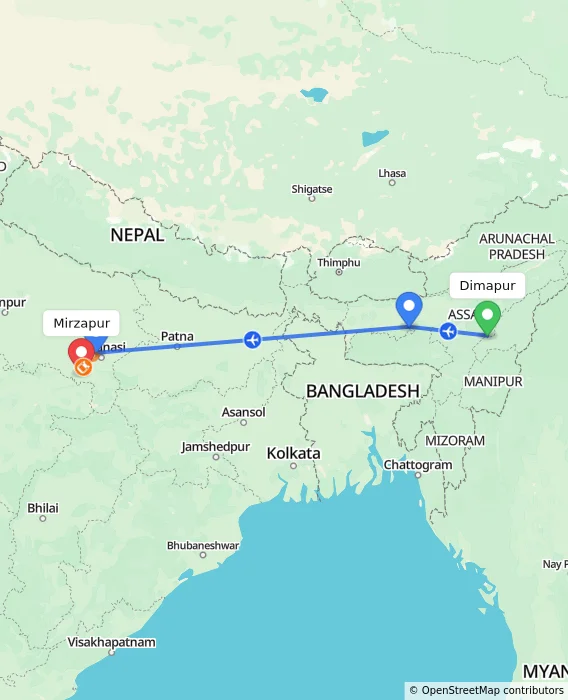 Route map showing distance and travel time from Dimapur, India to Mirzapur, India
