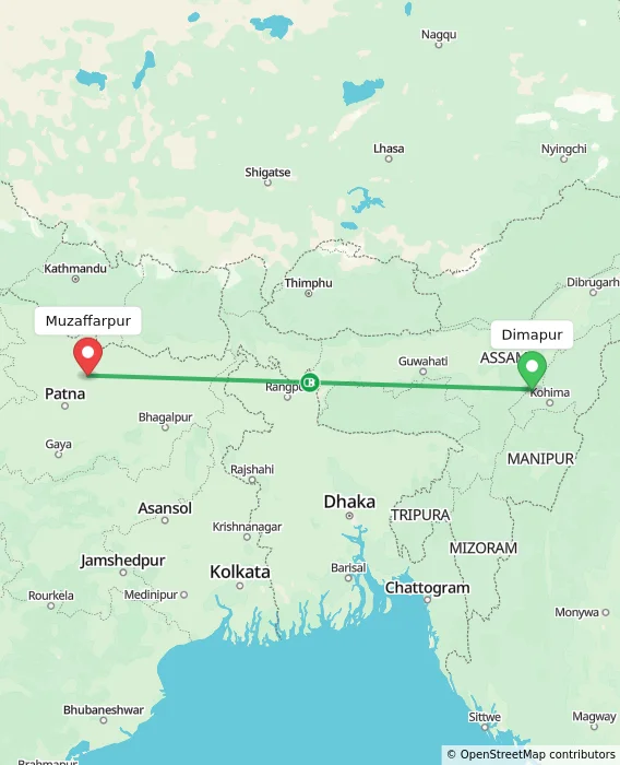 Route map showing distance and travel time from Dimapur, India to Muzaffarpur, India