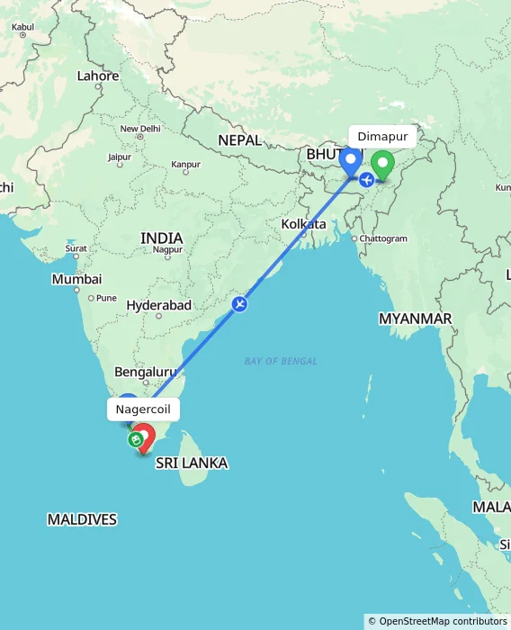 Route map showing distance and travel time from Dimapur, India to Nagercoil, India