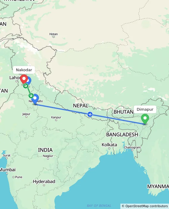 Route map showing distance and travel time from Dimapur, India to Nakodar, India