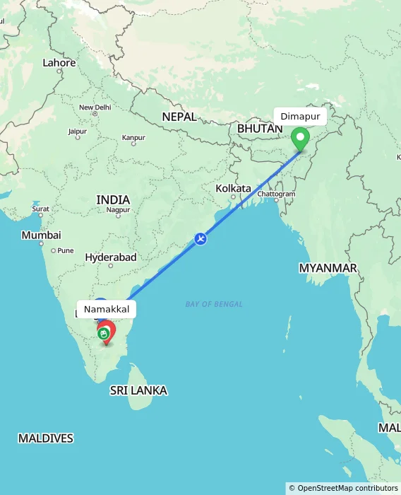 Route map showing distance and travel time from Dimapur, India to Namakkal, India