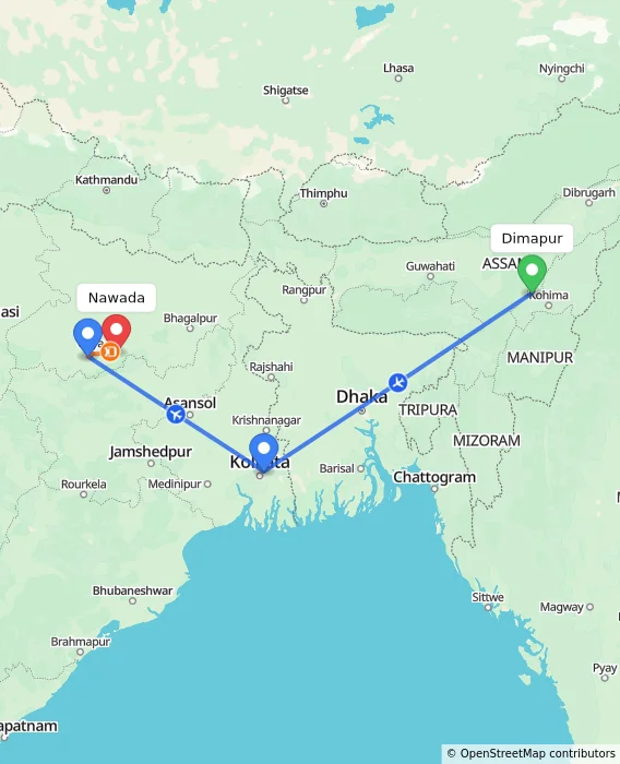 Route map showing distance and travel time from Dimapur, India to Nawada, India