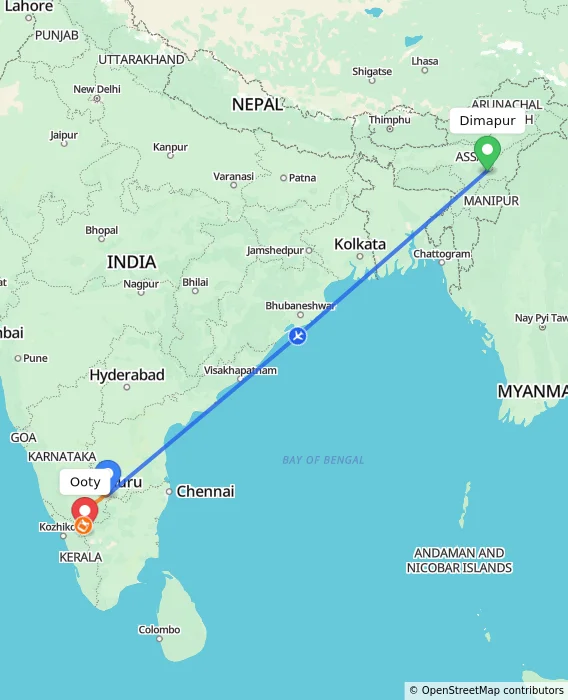 Route map showing distance and travel time from Dimapur, India to Ooty, India