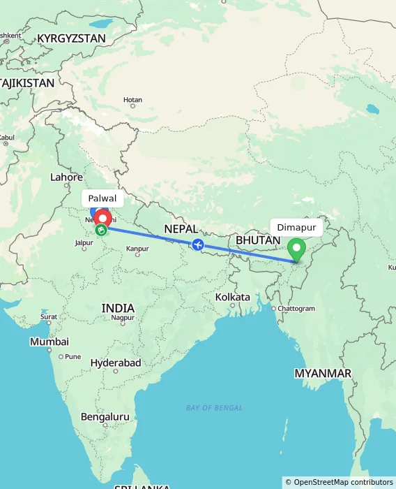 Route map showing distance and travel time from Dimapur, India to Palwal, India