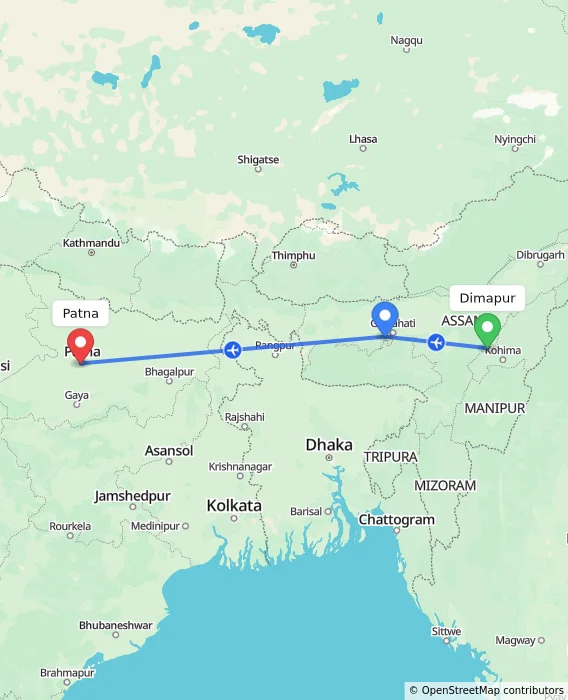 Route map showing distance and travel time from Dimapur, India to Patna, India