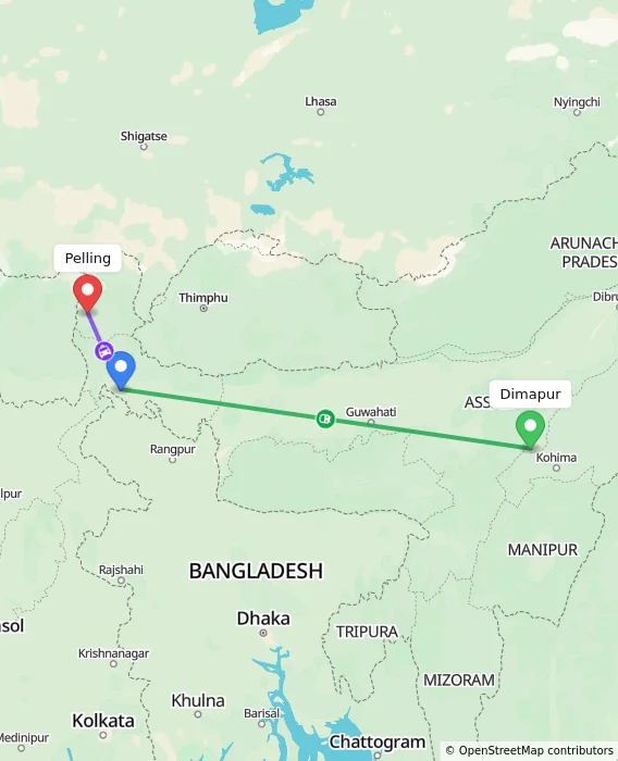Route map showing distance and travel time from Dimapur, India to Pelling, India