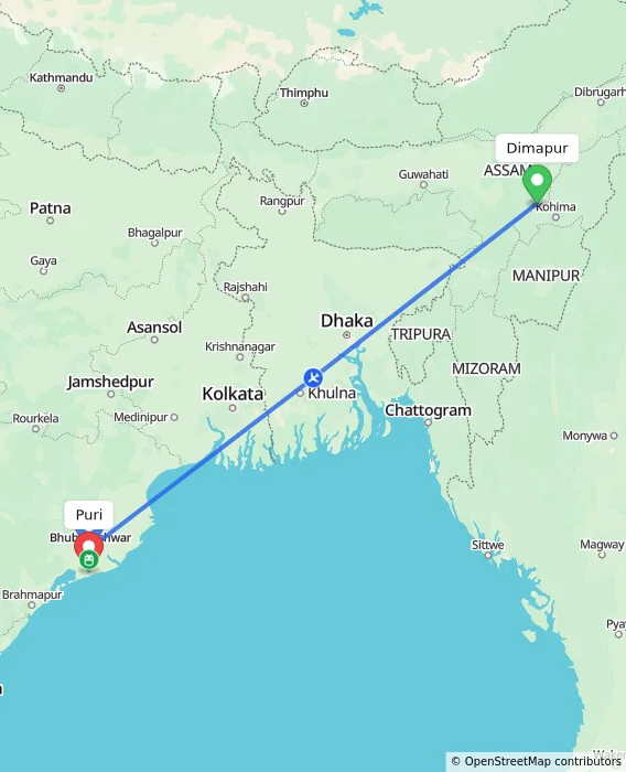 Route map showing distance and travel time from Dimapur, India to Puri, India