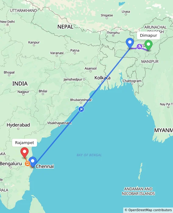 Route map showing distance and travel time from Dimapur, India to Rajampet, India