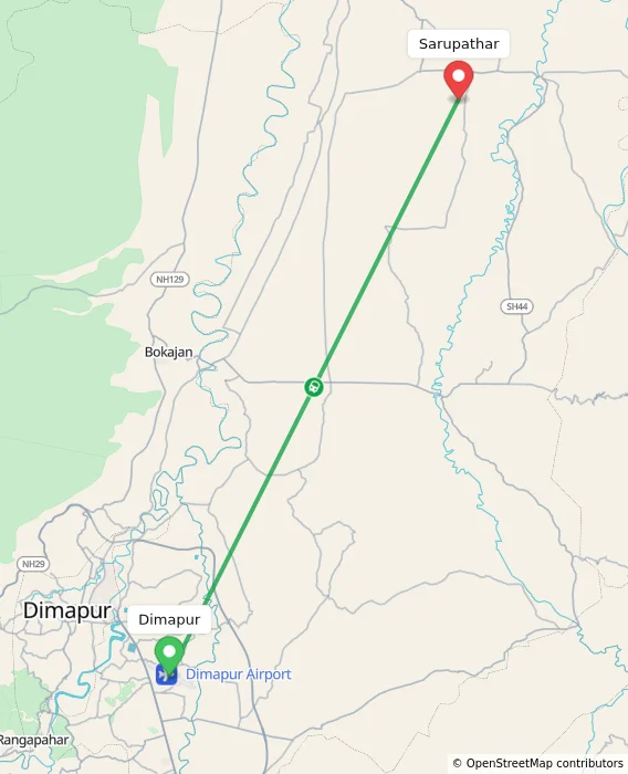 Route map showing distance and travel time from Dimapur, India to Sarupathar, India