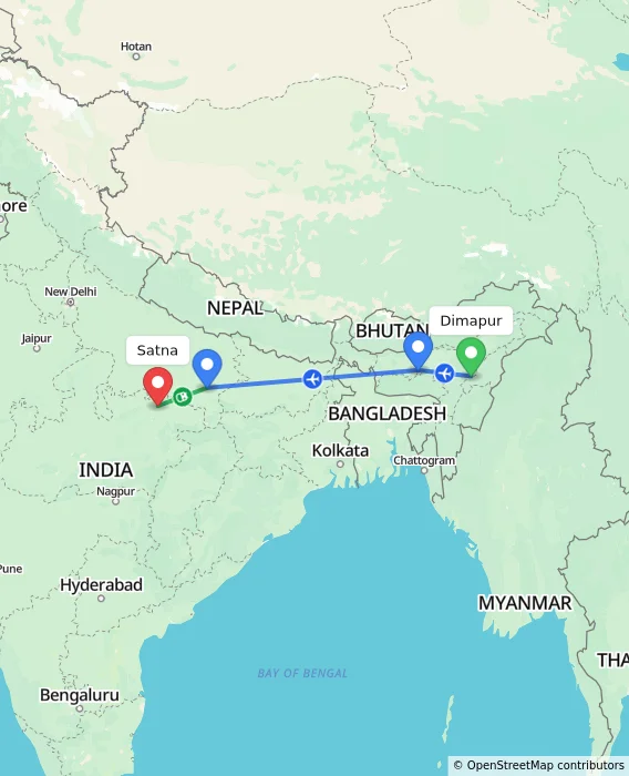 Route map showing distance and travel time from Dimapur, India to Satna, India