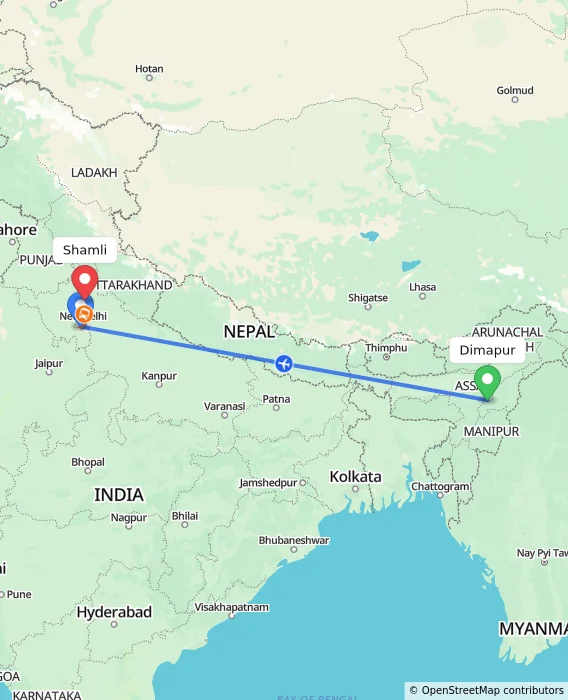 Route map showing distance and travel time from Dimapur, India to Shamli, India