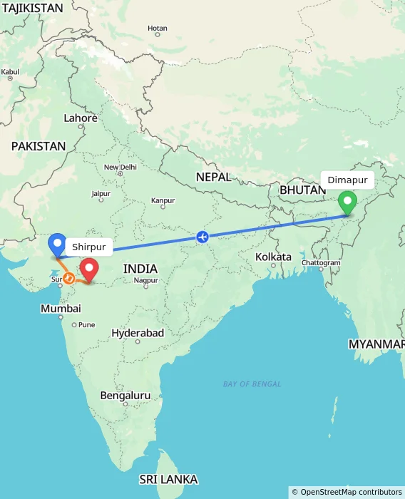 Route map showing distance and travel time from Dimapur, India to Shirpur, India