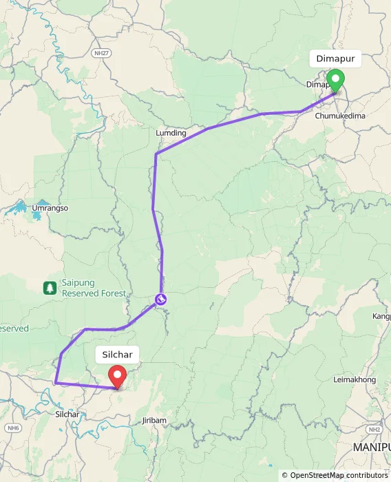 Route map showing distance and travel time from Dimapur, India to Silchar, India