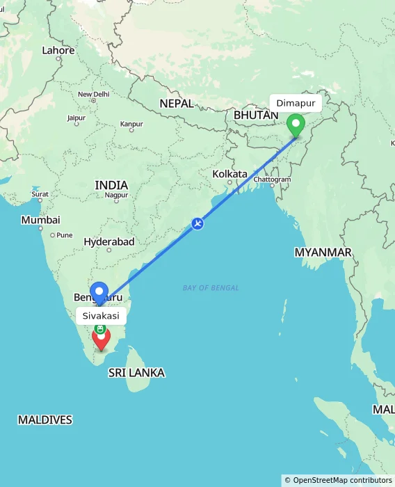 Route map showing distance and travel time from Dimapur, India to Sivakasi, India