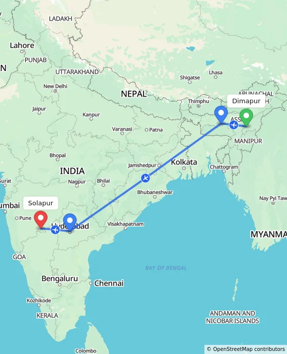 Route map showing distance and travel time from Dimapur, India to Solapur, India