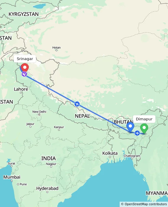 Route map showing distance and travel time from Dimapur, India to Srinagar, India