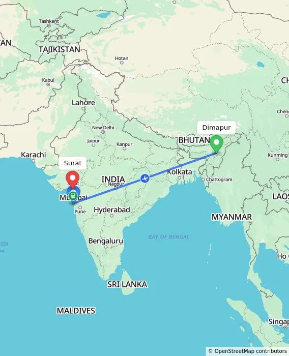 Route map showing distance and travel time from Dimapur, India to Surat, India