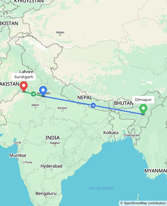 Route map showing distance and travel time from Dimapur, India to Suratgarh, India