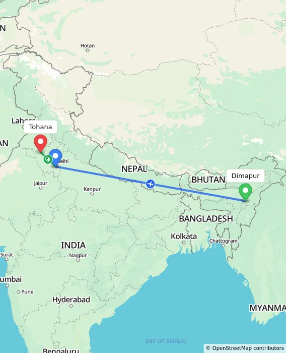 Route map showing distance and travel time from Dimapur, India to Tohana, India