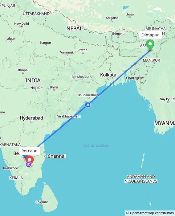 Route map showing distance and travel time from Dimapur, India to Yercaud, India
