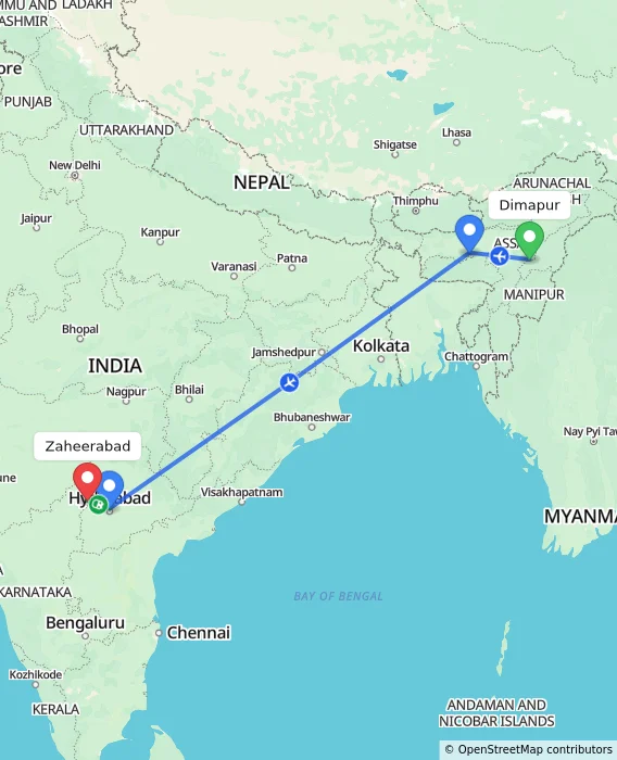 Route map showing distance and travel time from Dimapur, India to Zaheerabad, India