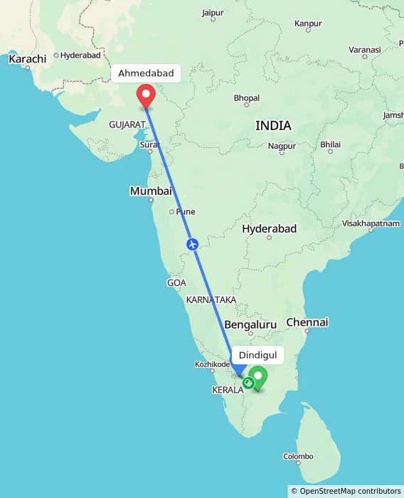 Route map showing distance and travel time from Dindigul, India to Ahmedabad, India