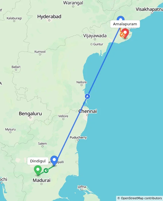 Route map showing distance and travel time from Dindigul, India to Amalapuram, India