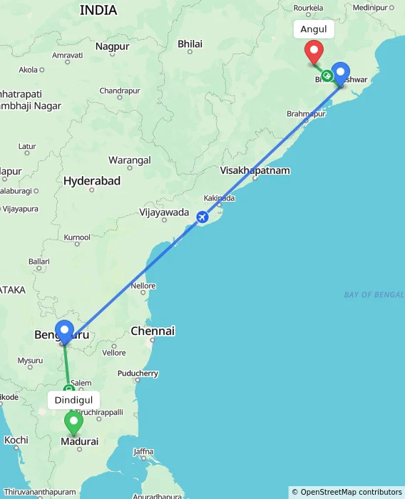Route map showing distance and travel time from Dindigul, India to Angul, India