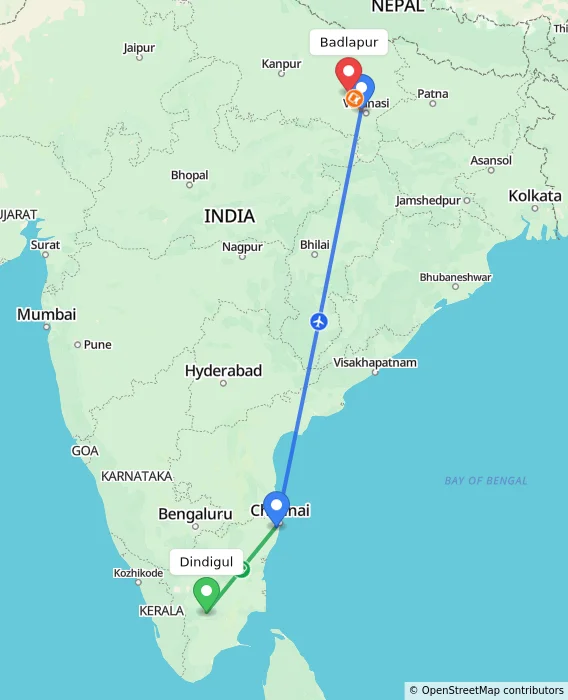 Route map showing distance and travel time from Dindigul, India to Badlapur, India