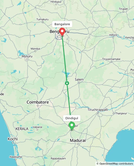 Route map showing distance and travel time from Dindigul, India to Bangalore, India