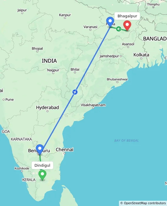 Route map showing distance and travel time from Dindigul, India to Bhagalpur, India
