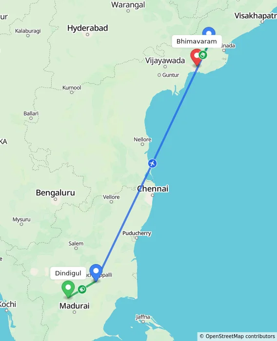 Route map showing distance and travel time from Dindigul, India to Bhimavaram, India