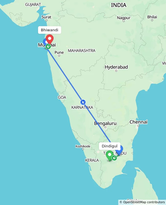 Route map showing distance and travel time from Dindigul, India to Bhiwandi, India
