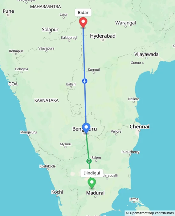 Route map showing distance and travel time from Dindigul, India to Bidar, India