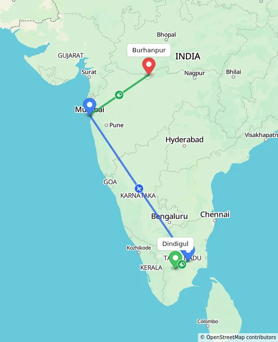 Route map showing distance and travel time from Dindigul, India to Burhanpur, India