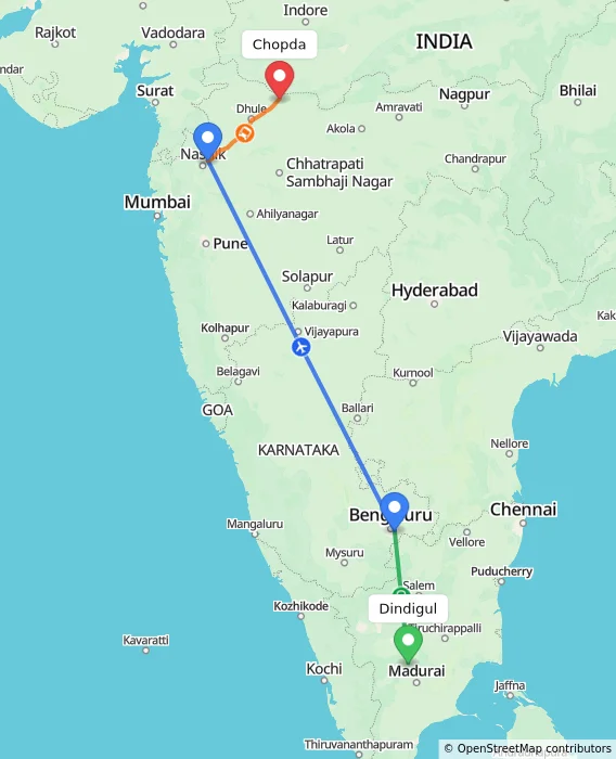 Route map showing distance and travel time from Dindigul, India to Chopda, India