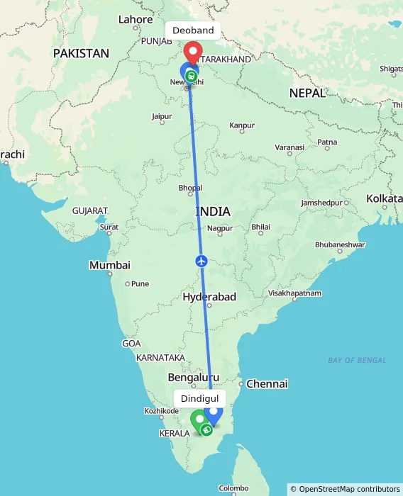 Route map showing distance and travel time from Dindigul, India to Deoband, India