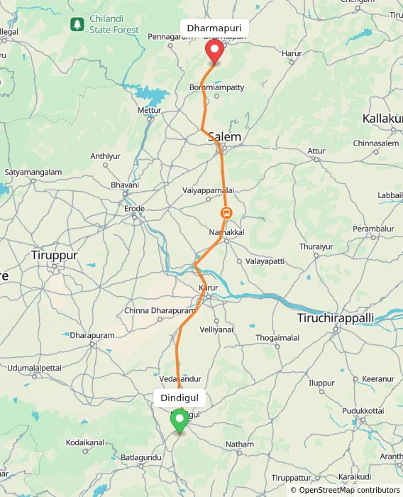 Route map showing distance and travel time from Dindigul, India to Dharmapuri, India